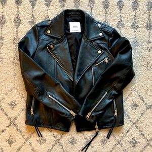 Mango Genuine Leather Moto Black Biker Jacket Sz S